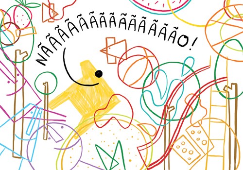 Ilustração de Gustavo Piqueira mostra um personagem amarelo dizendo "não" em meio a vários desenhos de brinquedos e ravbiscos coloridos.