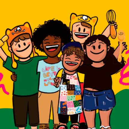 Imagem ilustra a matéria do guia gastronômico Pratinho firmeza e mostra uam ilustração do guia com quatro crianças sorrindo e segurando utensílios de cozinha.