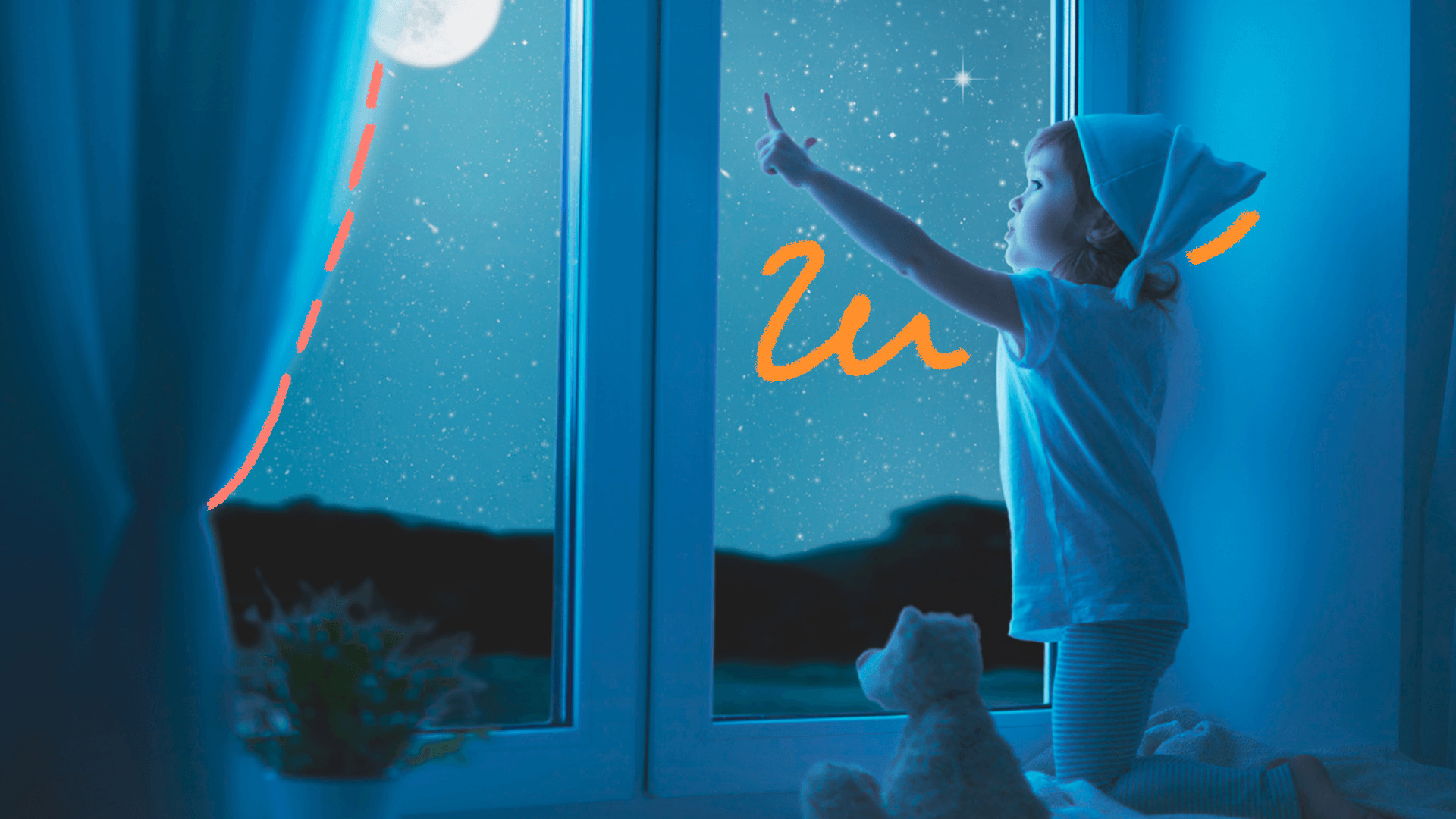 imagem ilustra a matéria sobre astronomia para crianças. Um menino vestindo pijama etouca de dormir está em pé olhando para a janela do quarto e apontando para o céu ao lado de um ursinho de pelúcia.