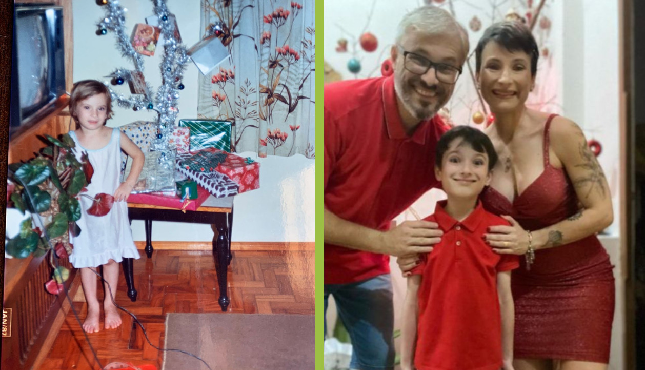 Imagem mostra, do lado esquerdo, uma foto de Camila ainda criança na frente de uma árvore de natal de galho seco enfeitada. Do lado direito, Camila, o filho Davi e o marido posam na frente da árvore de natal deste ano.