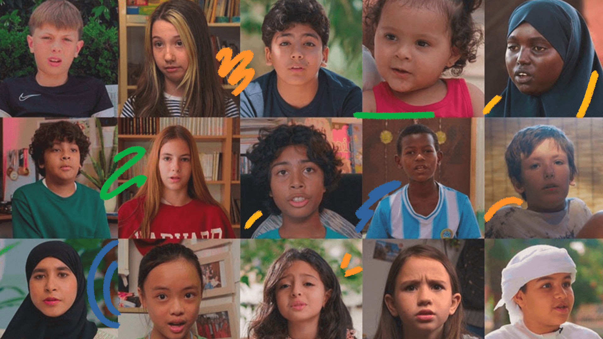 Imagem mostra os rostos de crianças de v´sarios países que participaram do svídeos apresentados na COP28 sobre mudanças climáticas.