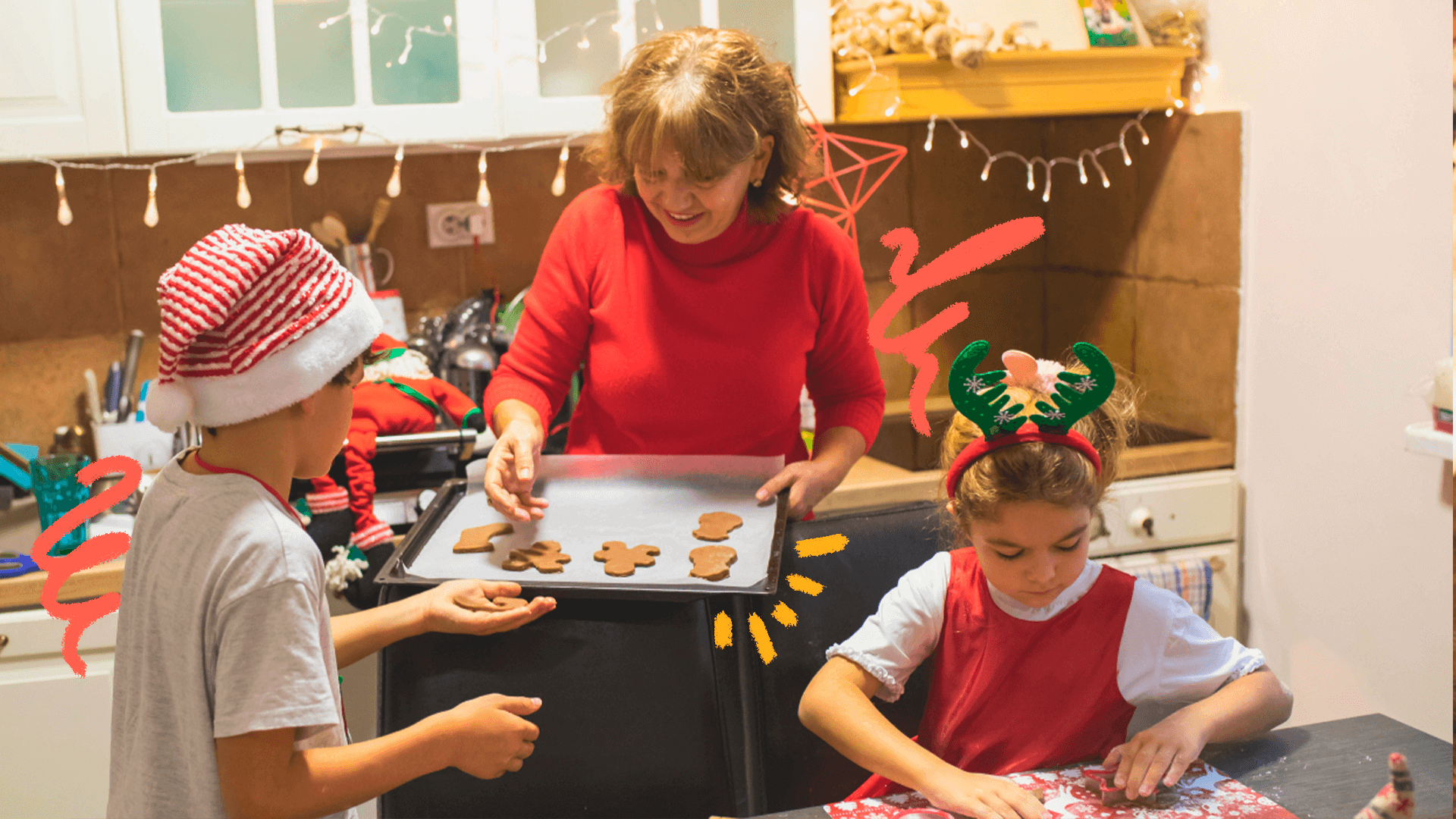 imagem sobre tradição de natal mostra uma mulher preparando biscoitos d enatal com duas crianças vestindo gorro de natal