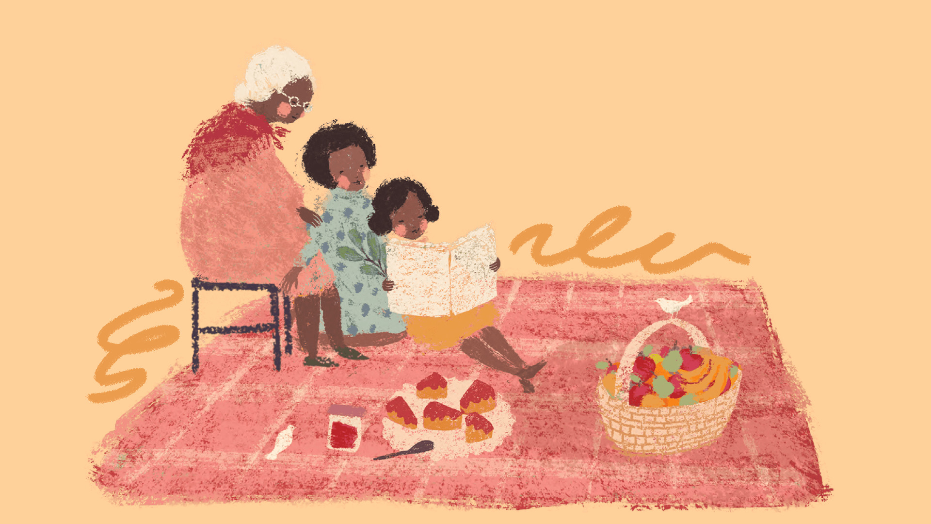 Imagem de miolo do livro "Doçura", vencedor do Jabuti 2023. Três gerações de mulheres, avó, mãe e filha leem juntas o mesmo livro. Na cena, também há uma cesta de frutas e bolo.