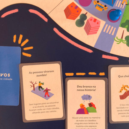imagem mostra uma parte do jogo de tabuleiro do jogo trilhas urbanas e mais quatro cartas do jogo.