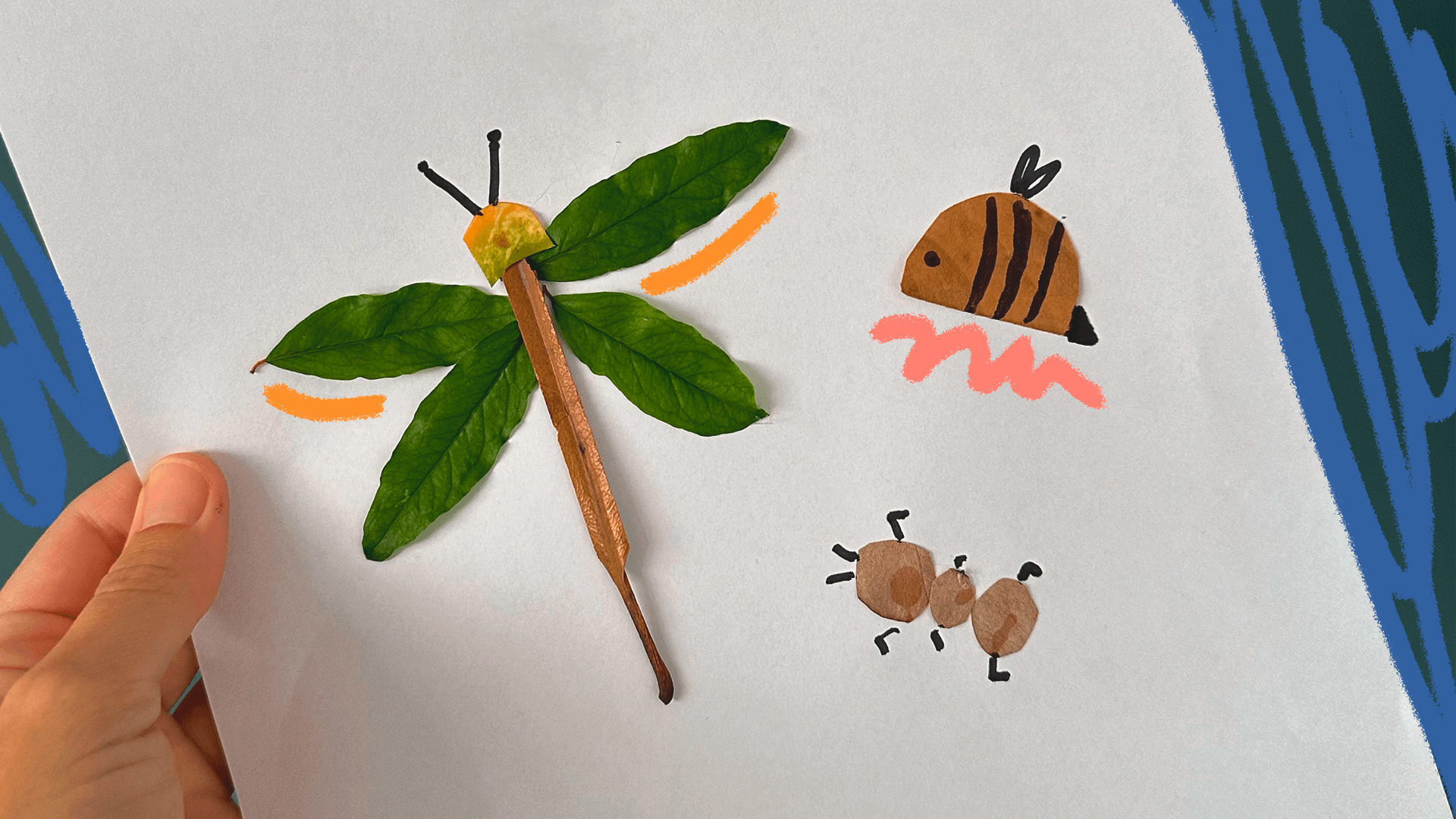 imagem mostra animais feitos com folhas e sementes coladas em um papel