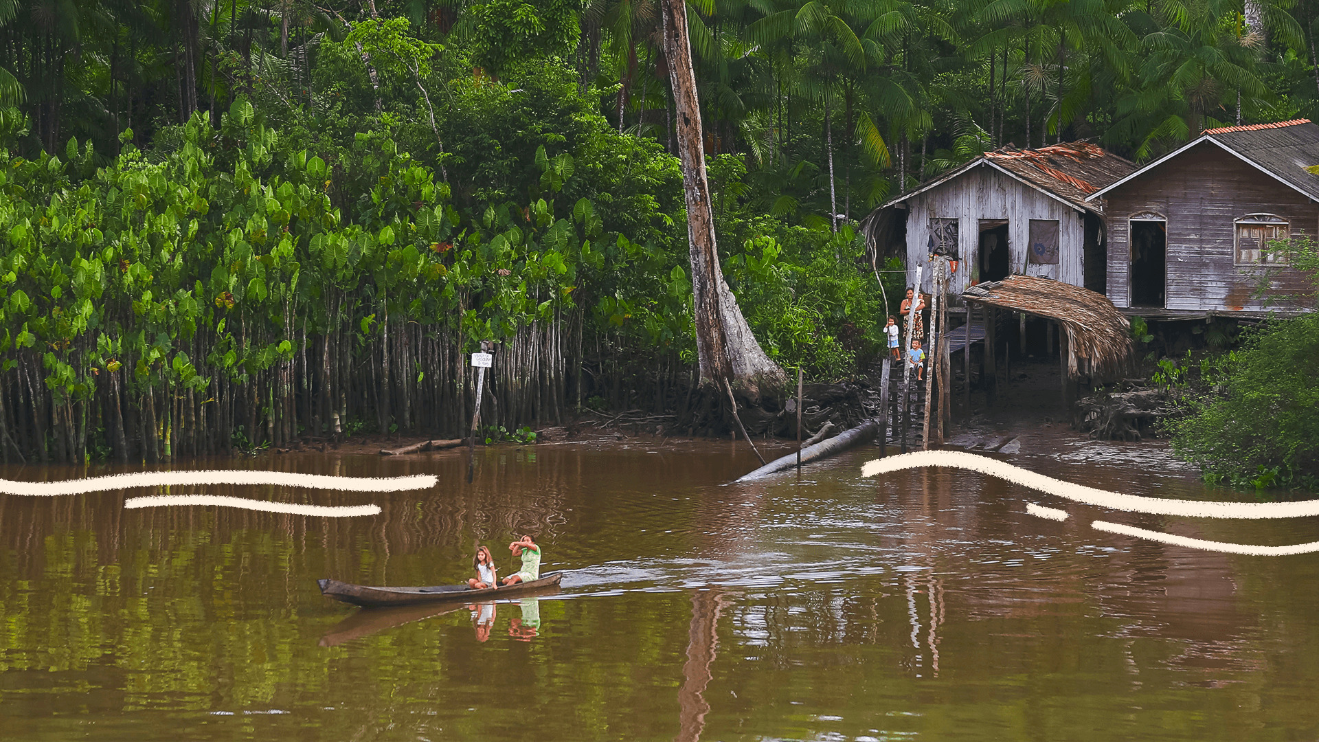 imagem ilustra matéria sobre os casos de exploração sexual no marajó e mostra uma paisagem ribeirinha, com crianças em uma canoa no meio de um rio e uma casa de madeira ao fundo.
