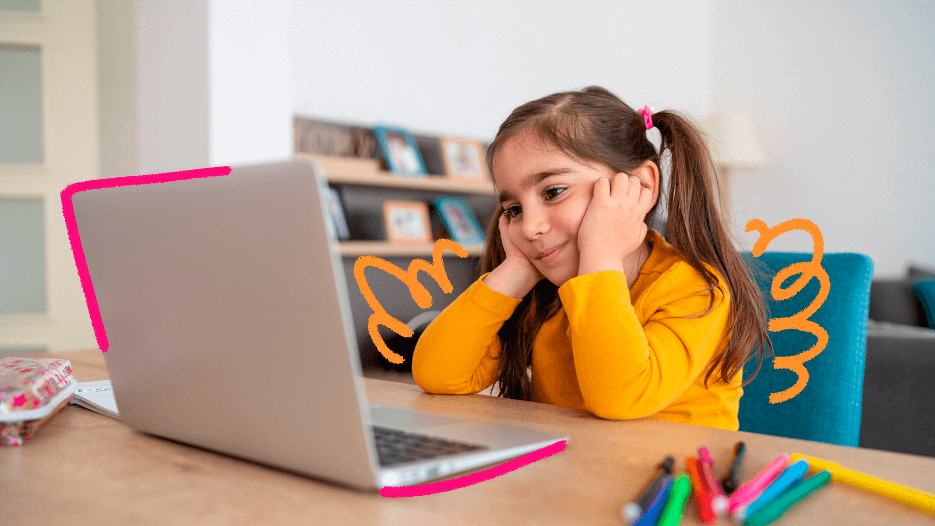 Imagem de capa para reportagem sobre o uso de IA para terapia com crianças mostra uma menina branca, de cabelos lisos, vestindo camisa amarela. Ela está sentada na frente de um notebbok.