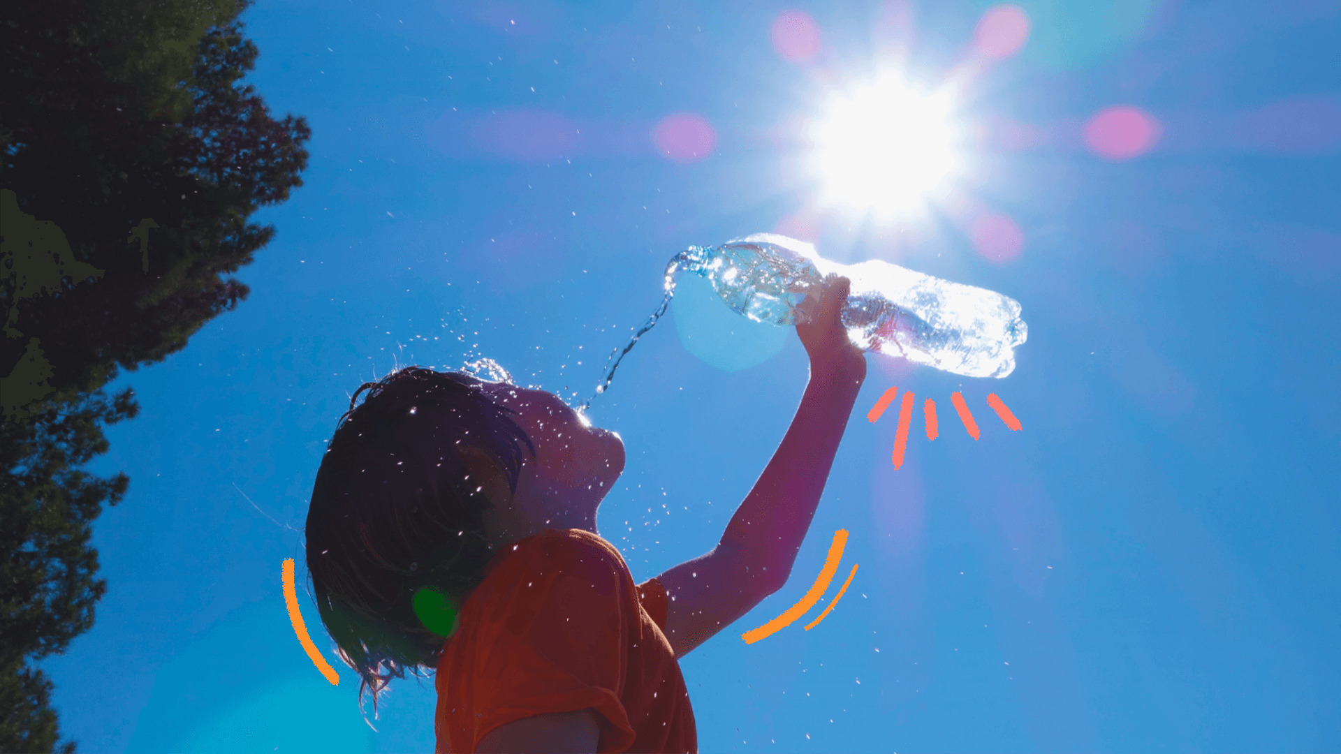 imagem sobre a onda de calor e escolas mostra uma criança de cabelos lisos derramando água de uma garrafa pet sobre o rosto