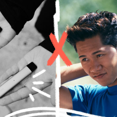 Fotomontagem com uma imagem em preto e branco de cigarros eletrônicos e, do lado direito, um jovem com a mão na cabeça veste camiseta azul