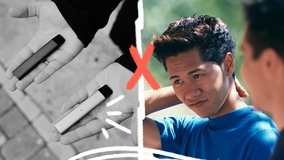 Fotomontagem com uma imagem em preto e branco de cigarros eletrônicos e, do lado direito, um jovem com a mão na cabeça veste camiseta azul