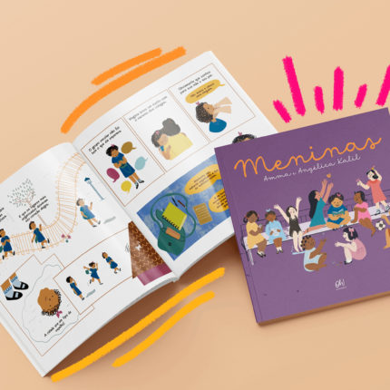 Imagem mostra a capa e as páginas do livro em HQ Meninas