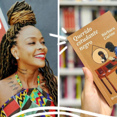 Fotomontagem com duas imagens: do lado direito, a escritora Bárbara Carine, uma mulher negra com tranças no cabelo e roupa colorida; do lado esquerdo, um exemplar do livro Querido estudante negro