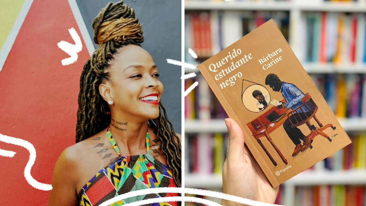 Fotomontagem com duas imagens: do lado direito, a escritora Bárbara Carine, uma mulher negra com tranças no cabelo e roupa colorida; do lado esquerdo, um exemplar do livro Querido estudante negro