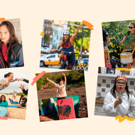 Fotomontagem com imagens das pessoas com síndrome de Down que contaram ao Lunetas as atividades a que se dedicam e suas histórias contra o capacitismo