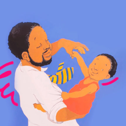 Capa do livro Tanto, tanto ilustra matéria com uma lista de livros-abraço. Num fundo azul, um homem negro brinca com um bebê em seu colo.