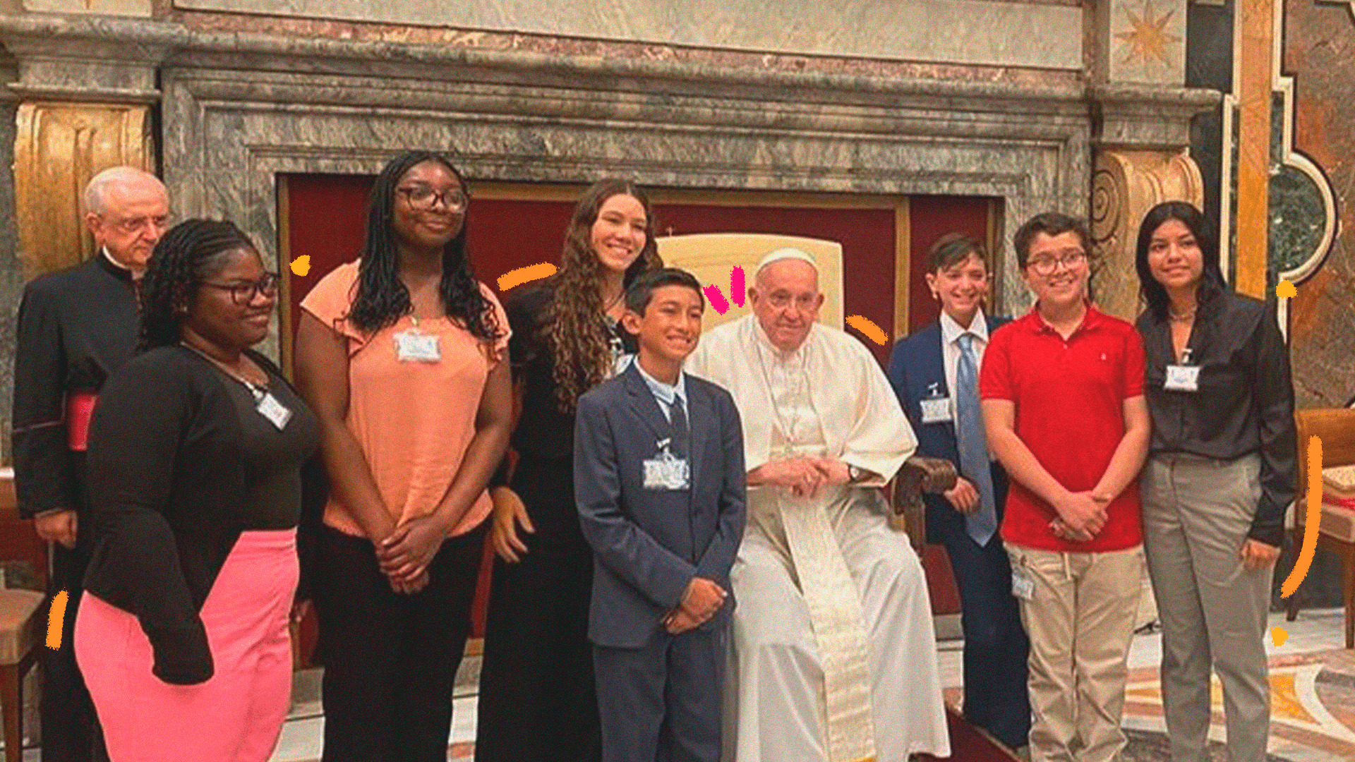 Imagem mostra um grupo de adolescentes ao lado do papa Francisco, onde pedem atenção para a crise climática, no Vaticano.