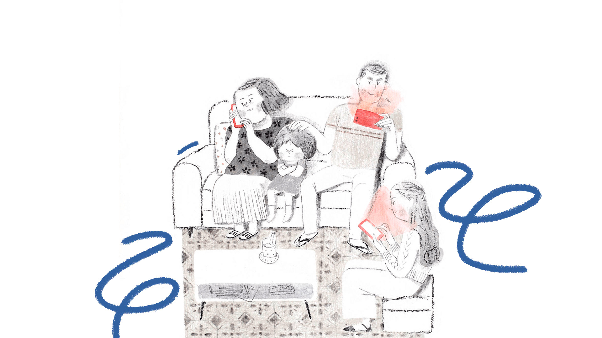 imagem de capa para matéria sobre livros e tecnologia mostra uma ilustração em que uma fam[ilia está sentada em um sofá usando eletrônicos