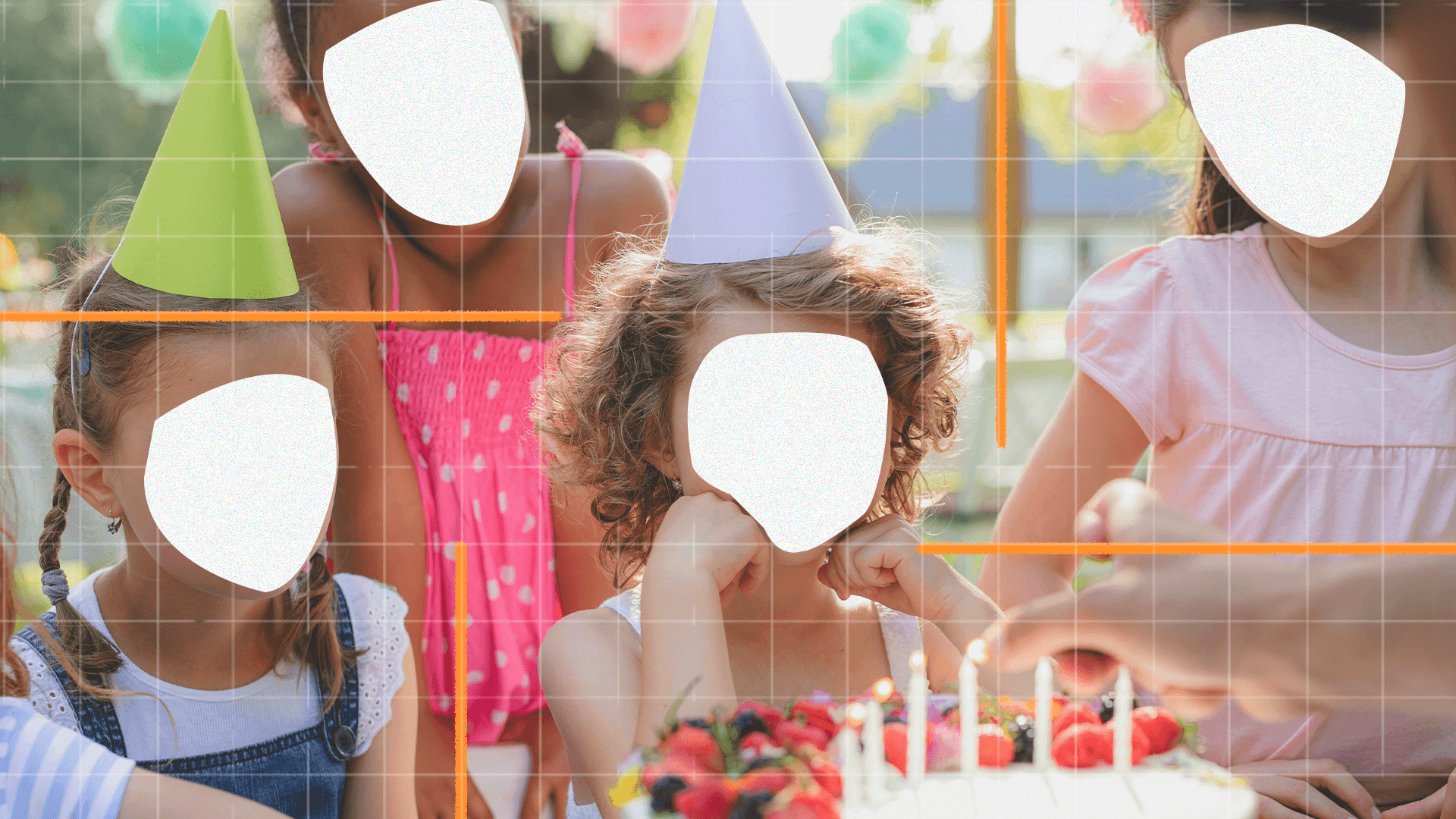 imagem de capa de matéria sobre o uso de fotos de crianças por Inteligência Artificial mostra uma foto de aniversário com várias crianças e uma arte que apaga seus rostos.
