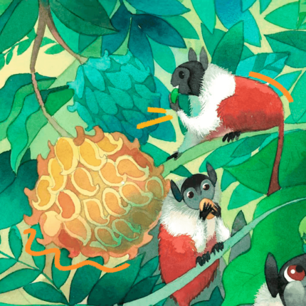 Imagem de capa para matéria sobre livros animais e crise climática mostra uma ilustração com macacos sauim comendo frutos em cima de uma árvore