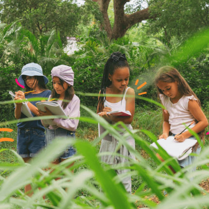 Imagem de capa para matéria sobre a nova lei que atualiza a Política Nacional de Educação Ambiental mostra quatro criançanas escrevendo em um caderno no meio de um parque cheio de árvores.