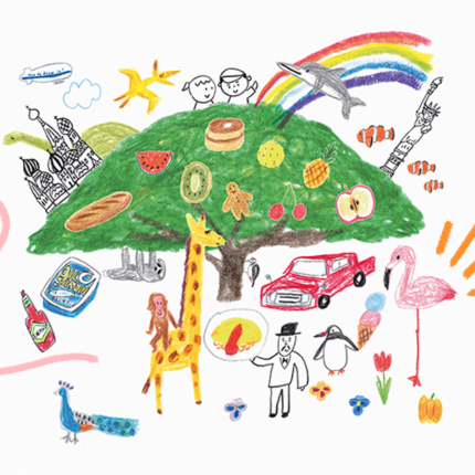 Ilustração do livro 'Como desenhar (quase) tudo', com uma árvore no centro e vários elementos coloridos ao redor, como um avião, uma girafa, um carro, sorvete, flores e arco-íris, por exemplo. O fundo da imagem é branco.