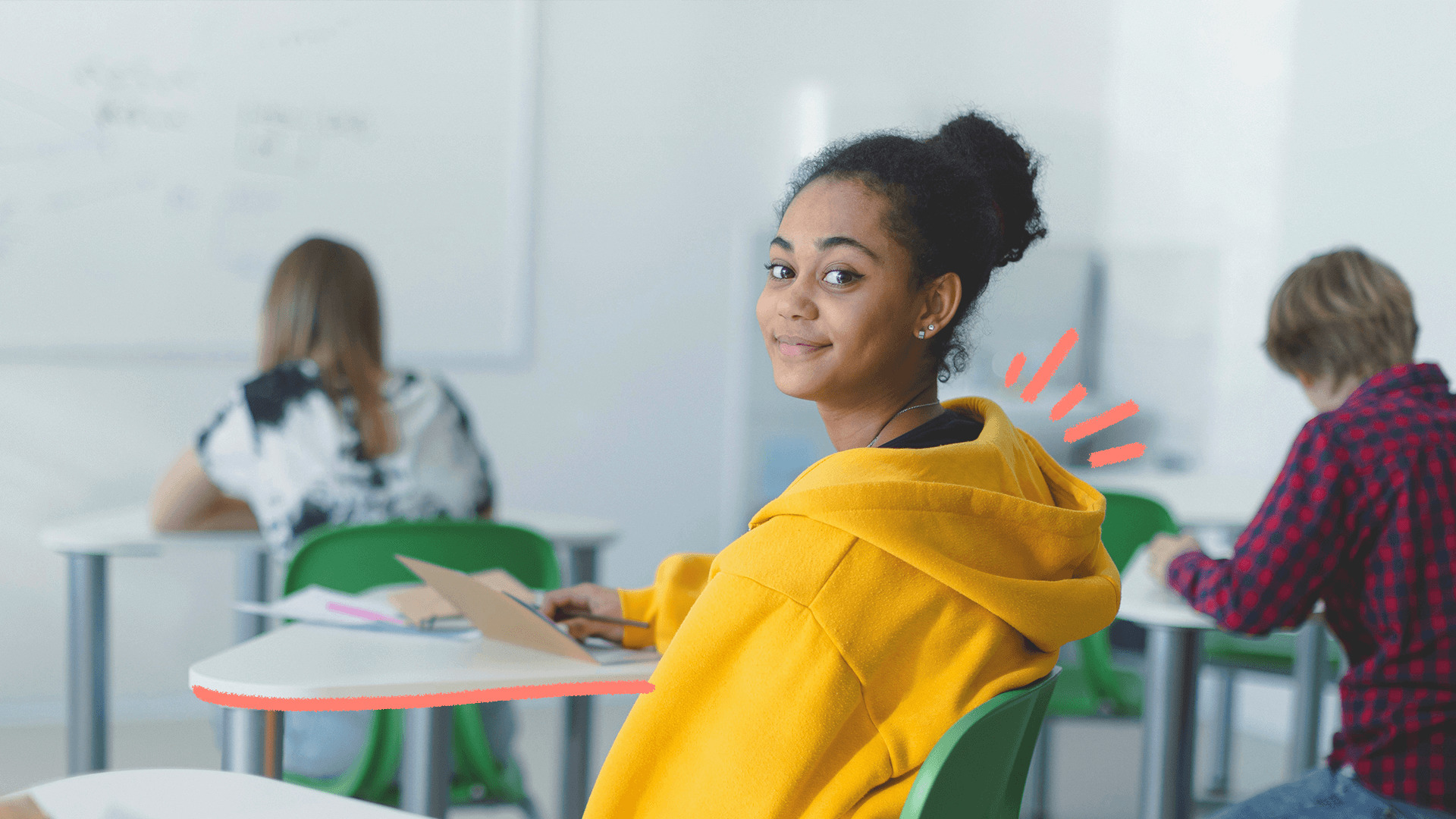 Imagem para capa de matéria sobre saúde mental nas escolas mostra uma menina negra, de moleton amarelo, sentada em uma carteira em uma sala de aula