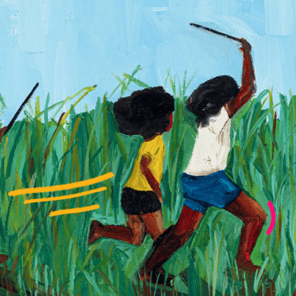 imagem de capa para matéria sobre o livro Chupim de Itamar Vieira Junior, mostra uma ilustração com os campos de arroz e crianças correndo.