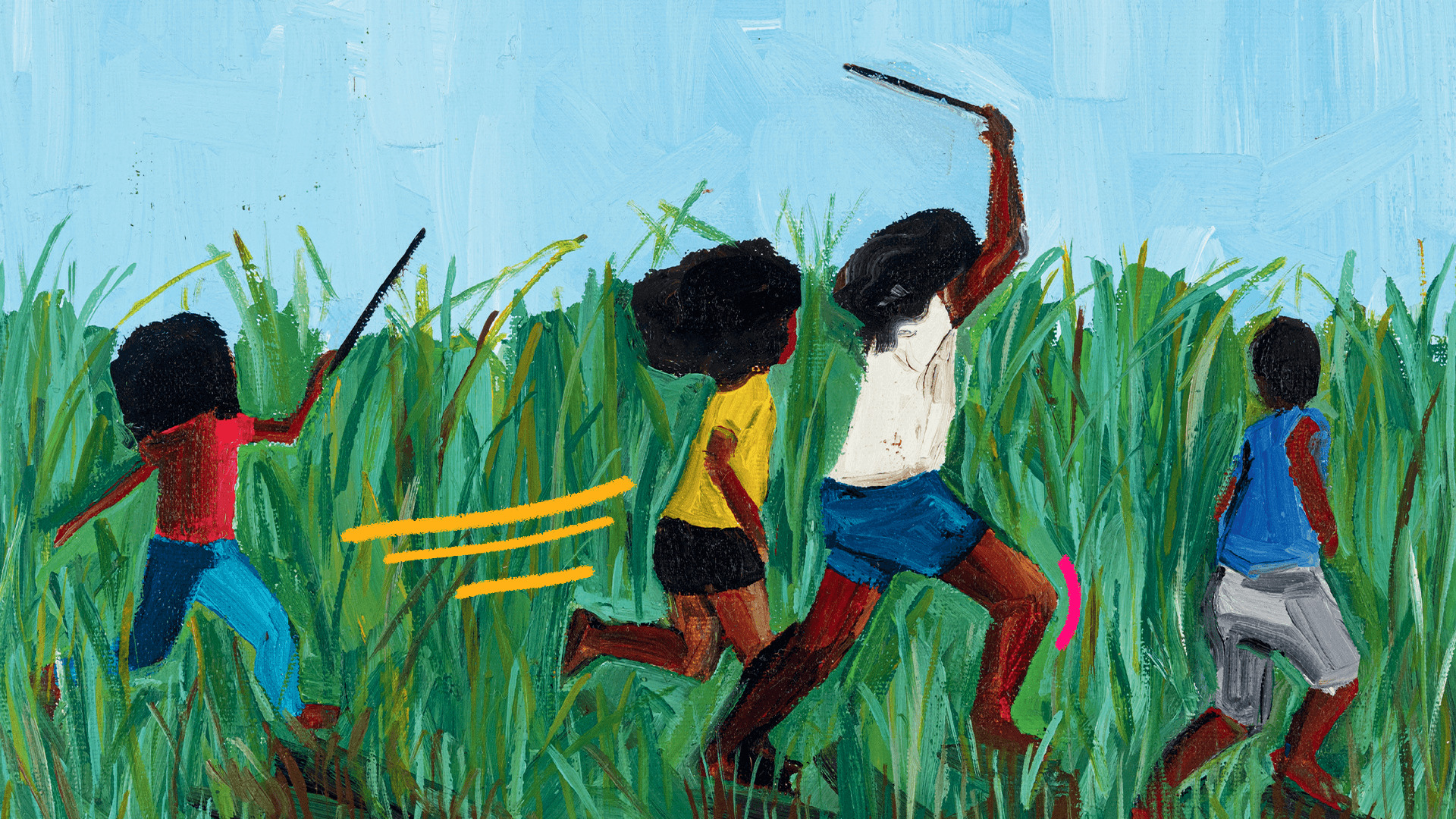 imagem de capa para matéria sobre o livro Chupim de Itamar Vieira Junior, mostra uma ilustração com os campos de arroz e crianças correndo.