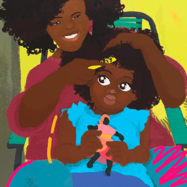 Imagem de capa para matéria sobre livros para falar de Consciência Negra mostra a ilustração de uma mulher negra penteando o cabelo de uma menina negra.