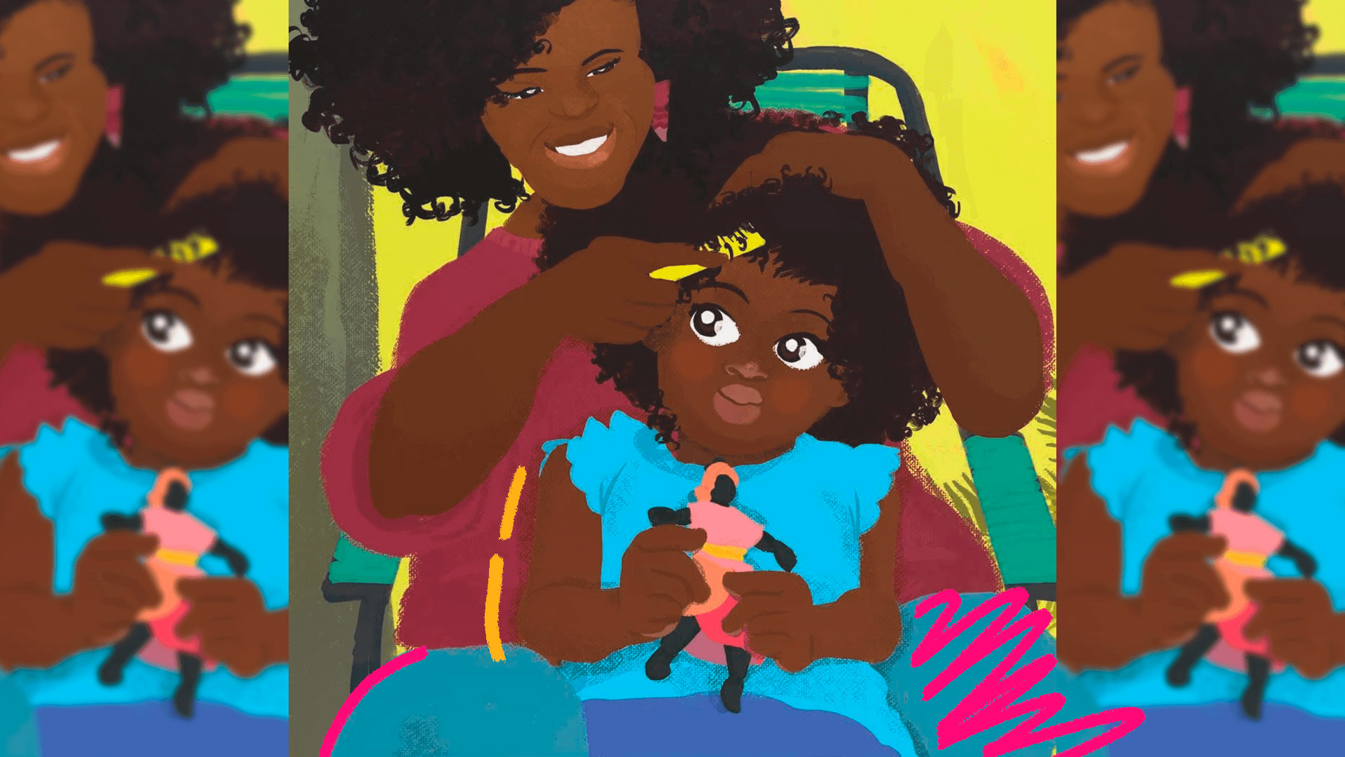 Imagem de capa para matéria sobre livros para falar de Consciência Negra mostra a ilustração de uma mulher negra penteando o cabelo de uma menina negra.