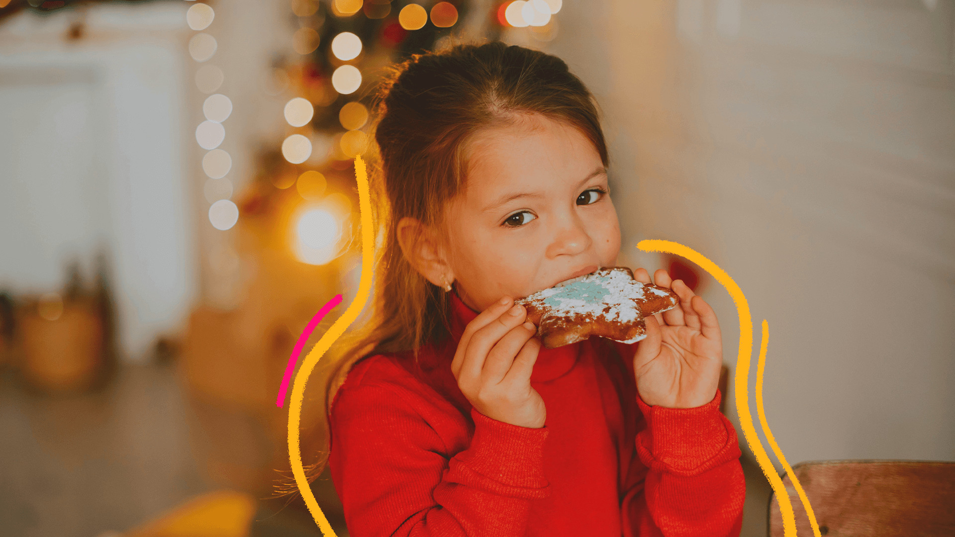 Imagem de capa para matéria sobre como evitar desperdícios mostra uma menina parda, de cabelos lisos castanhos, usando uma blusa vermelha e comendo um biscoito confeitado.