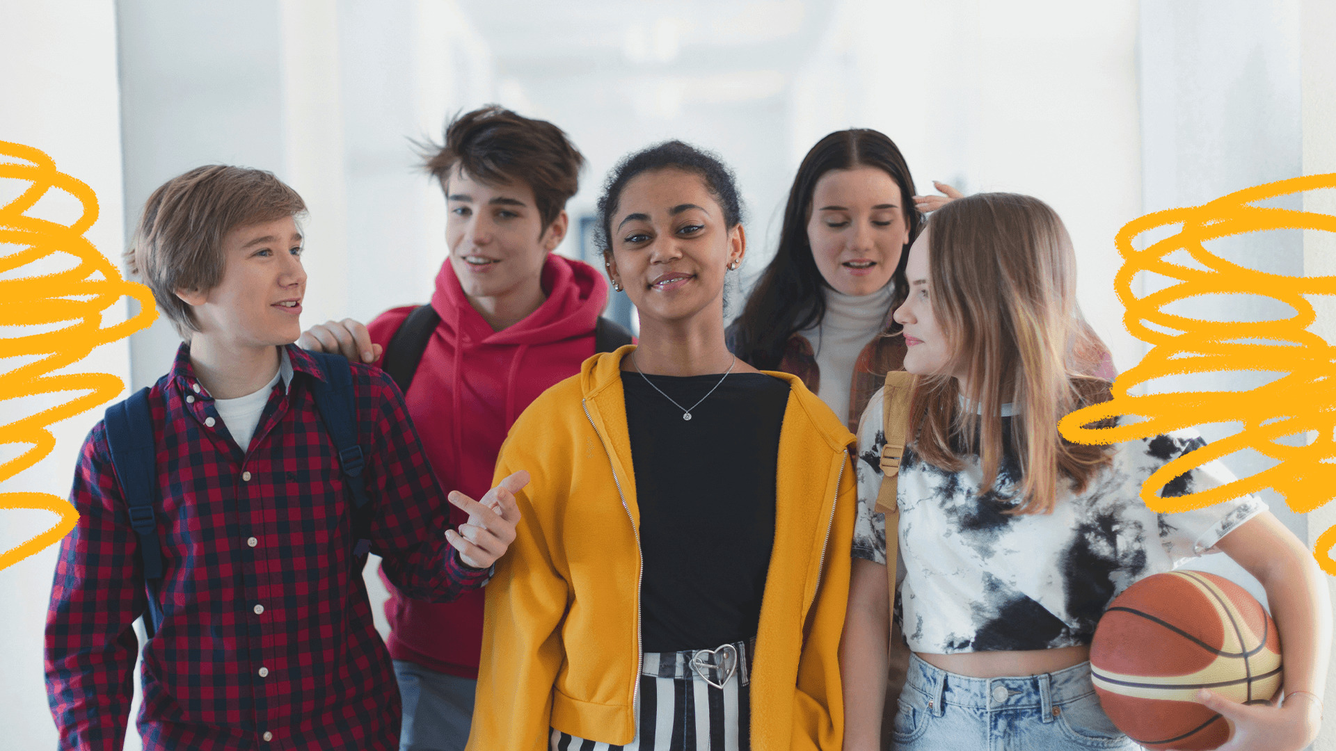 Imagem de capa para matérias sobre a personalidade do adolescentes mostra um grupo de adolescentes diversos, vestindo roupas coloridas e conversando.