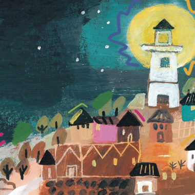Imagem mostra uma ilustração em tinta, que mostra um farol e um vilarejo de casas coloridas.