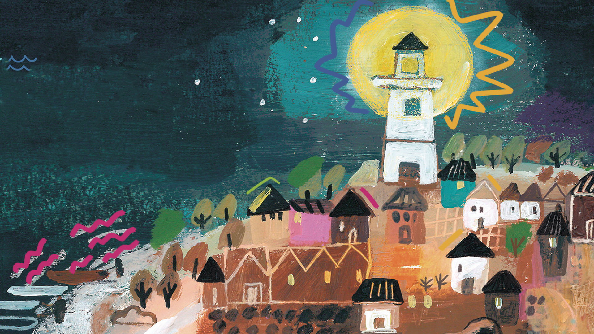 Imagem mostra uma ilustração em tinta, que mostra um farol e um vilarejo de casas coloridas.