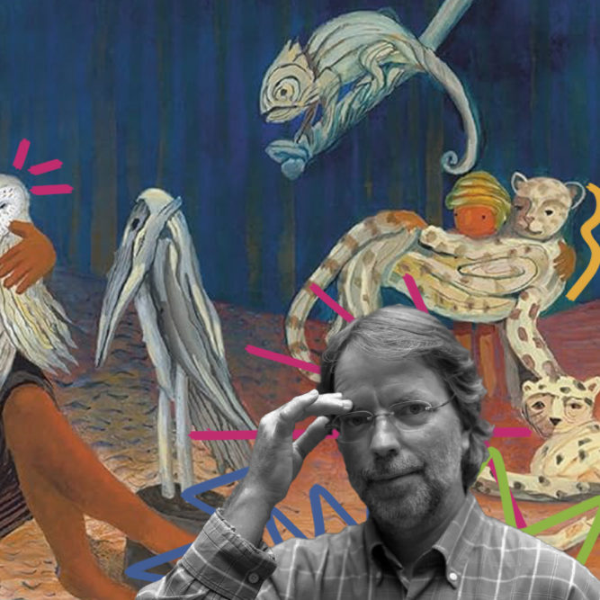 Imagem mostra arte com ilustrações coloridas e uma fotografia do escritor Mia Couto