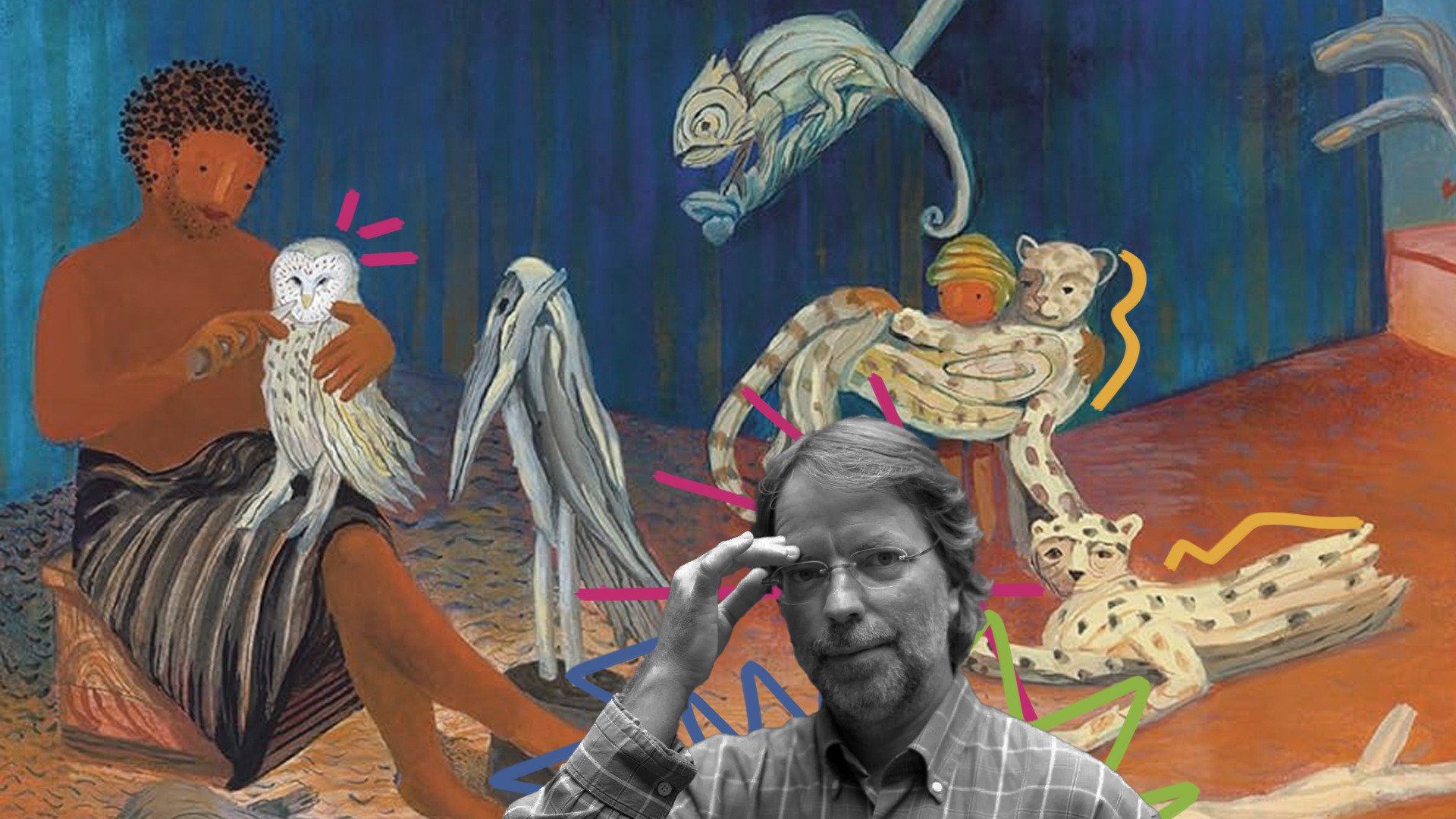 Imagem mostra arte com ilustrações coloridas e uma fotografia do escritor Mia Couto