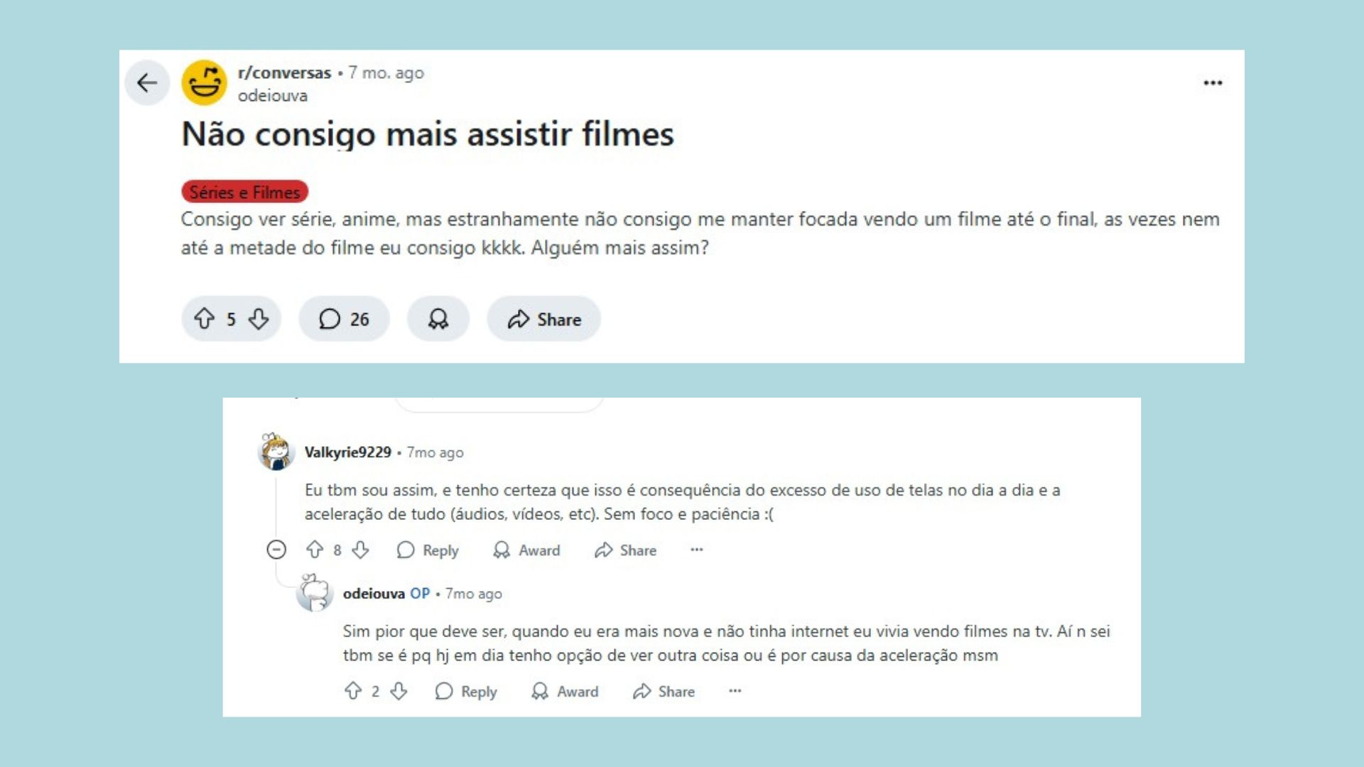 Imagem mostra a reprodução de uma página do Reddit de um fórum sobre vídeos curtos.