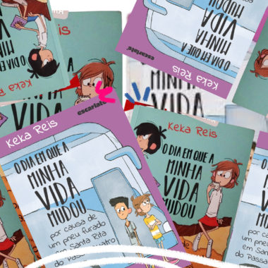 Montagem com várias capas dos livros da série O dia em que minha vida mudou, de Keka Reis. Em tons de azul e roxo, os personagens Mia e Bereba ilustram as capas.