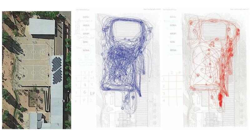 Imagem mostra um gráfico com uma imagem de duas quadras de escola e dois desenhos com linhas azuis e vermelhas.