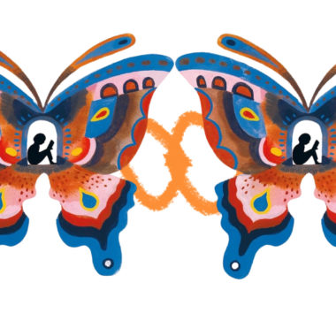Arte duplicada com a ilustração de borboleta colorida da capa do livro A passagem secreta, de Mac Barnett.