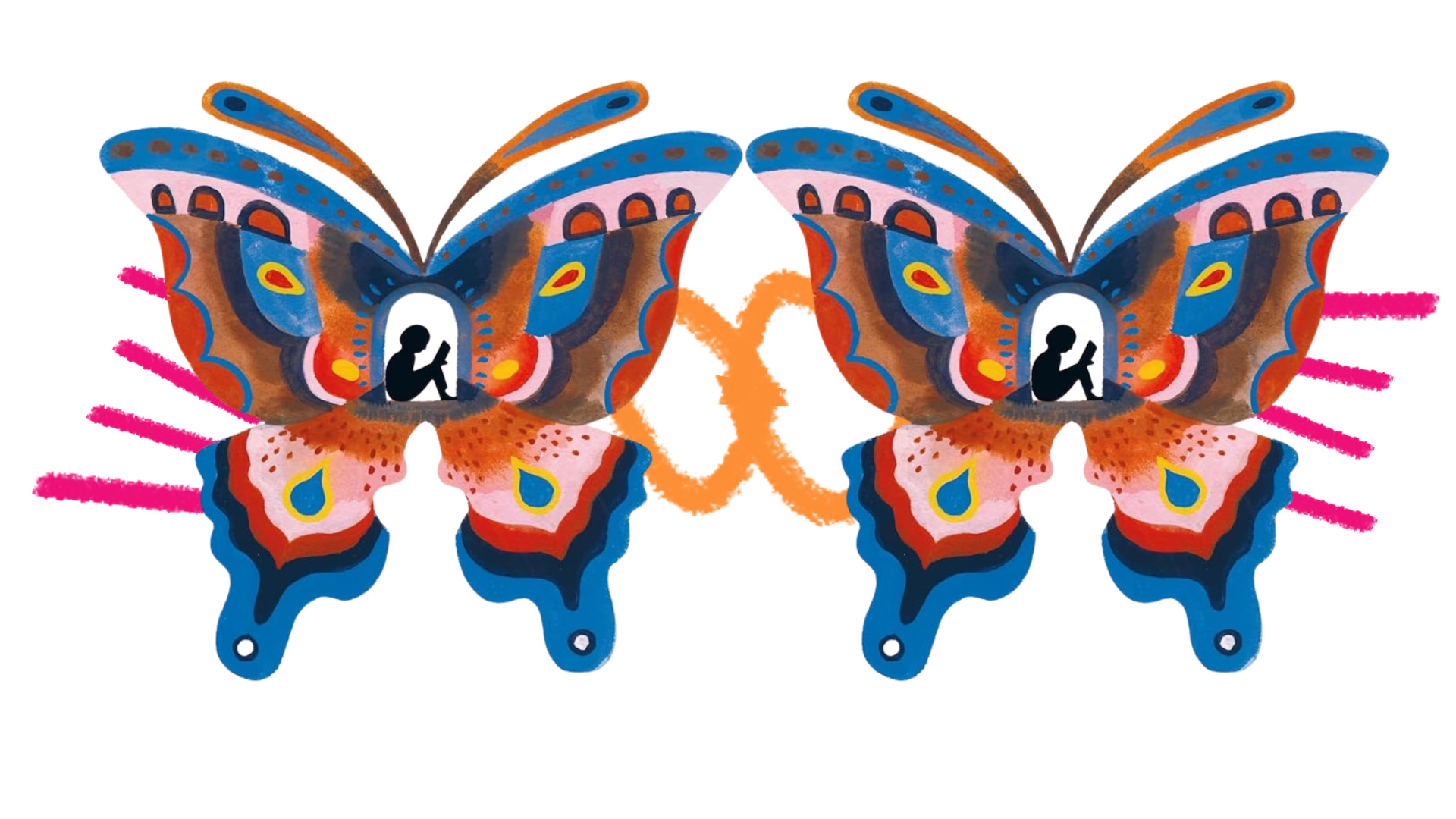 Arte duplicada com a ilustração de borboleta colorida da capa do livro A passagem secreta, de Mac Barnett.