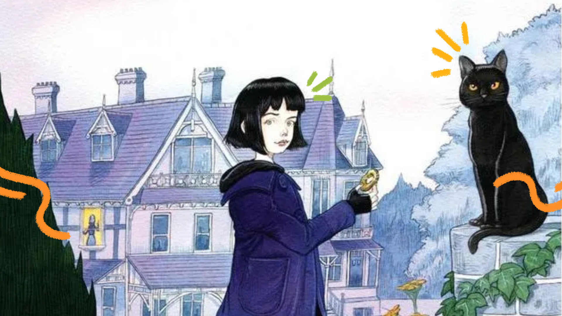 Imagem de capa de matéria sobre livros de terror para crianças mostra ilustração do livro Coraline, com o desenho de uma menina e um gato preto.