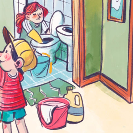 Ilustração do livro 'Quem limpa?' mostra crianças ajudando nas tarefas domésticas - uma menina de cabelo vermelho limpa a privada e um menino de boné amarelo rega as plantas. Um adulto está lavando as louças.