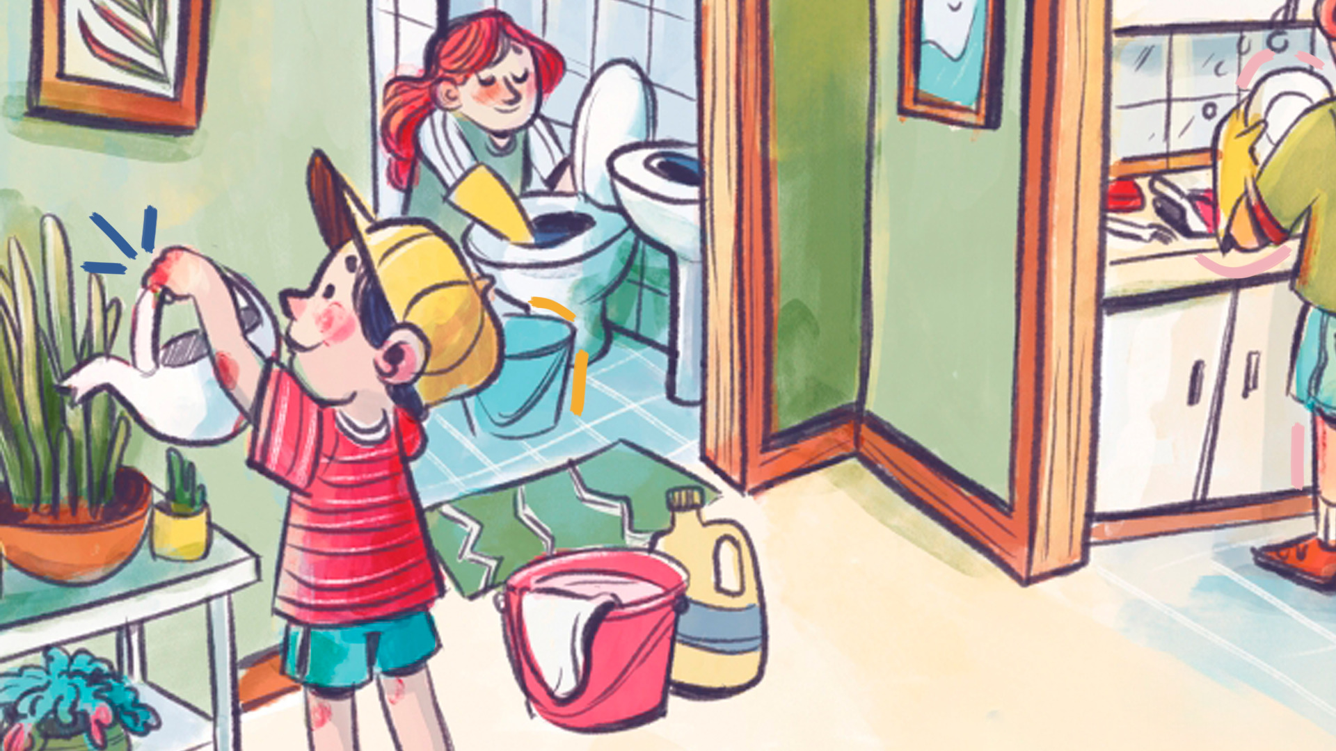Ilustração do livro Quem limpa? mostra crianças ajudando nas tarefas domésticas - uma menina de cabelo vermelho limpa a privada e um menino de boné amarelo rega as plantas. Um adulto está lavando as louças.
