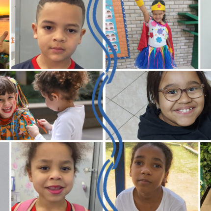 Imagem mostra diversas crianças em um mosaico.