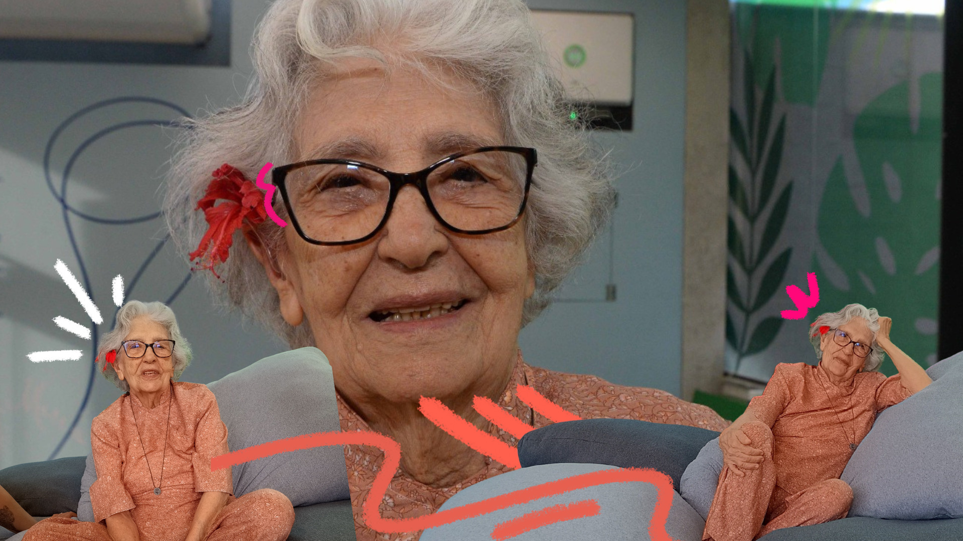 Montagem com fotos de Lydia Hortélio, uma senhora de cabelos brancos e óculos, com uma flor vermelha no cabelo.