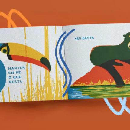 Imagem de capa de matérias sobre livros da COP30 mostra páginas do livro Refloresta de Gilberto Gil com desenhos coloridos de animais.