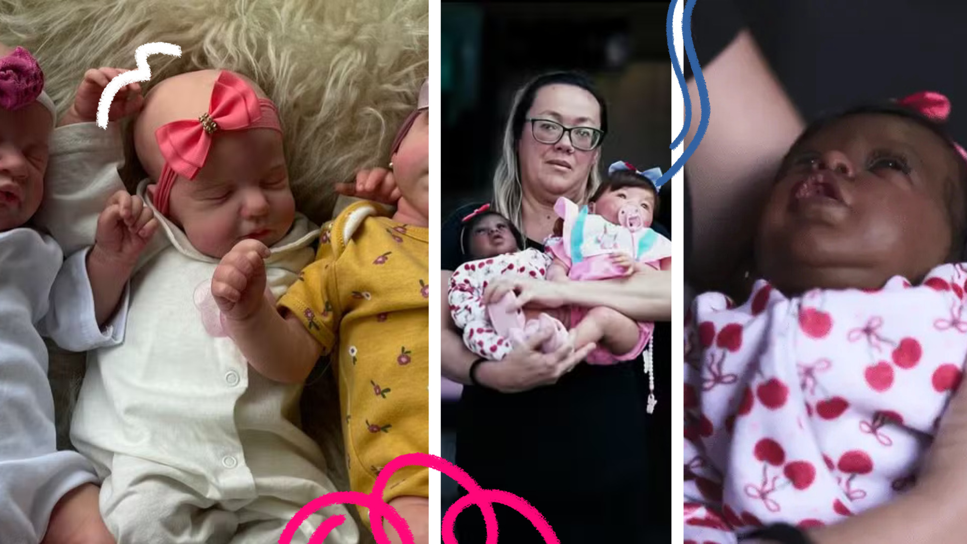 Imagem de capa para matéria sobre solidão e bebês reborn mostra um mosaico de três fotos. Dois bonecos reborn e uma mulher segurando dois bonecos no braço.