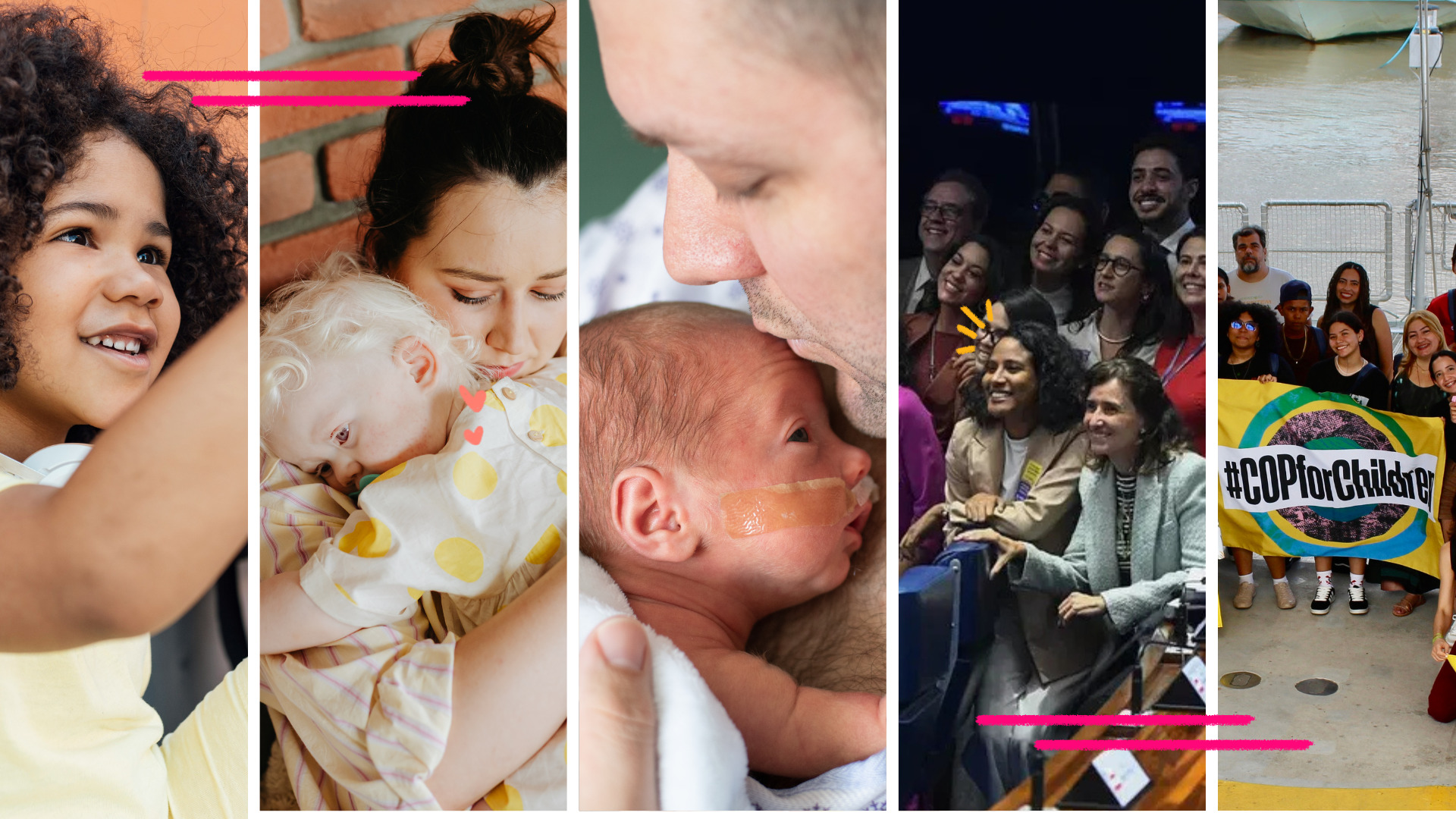 Imagem de capa para matéria sobre boas notícias de 2025 mostra um mosaico de fotos. Uma criança negra sorrindo, uma mulher segurando uma boneca, um homem dando colo a um recém-nascido, um grupo de pessoas comemorando e um grupo de crianças na COP30.
