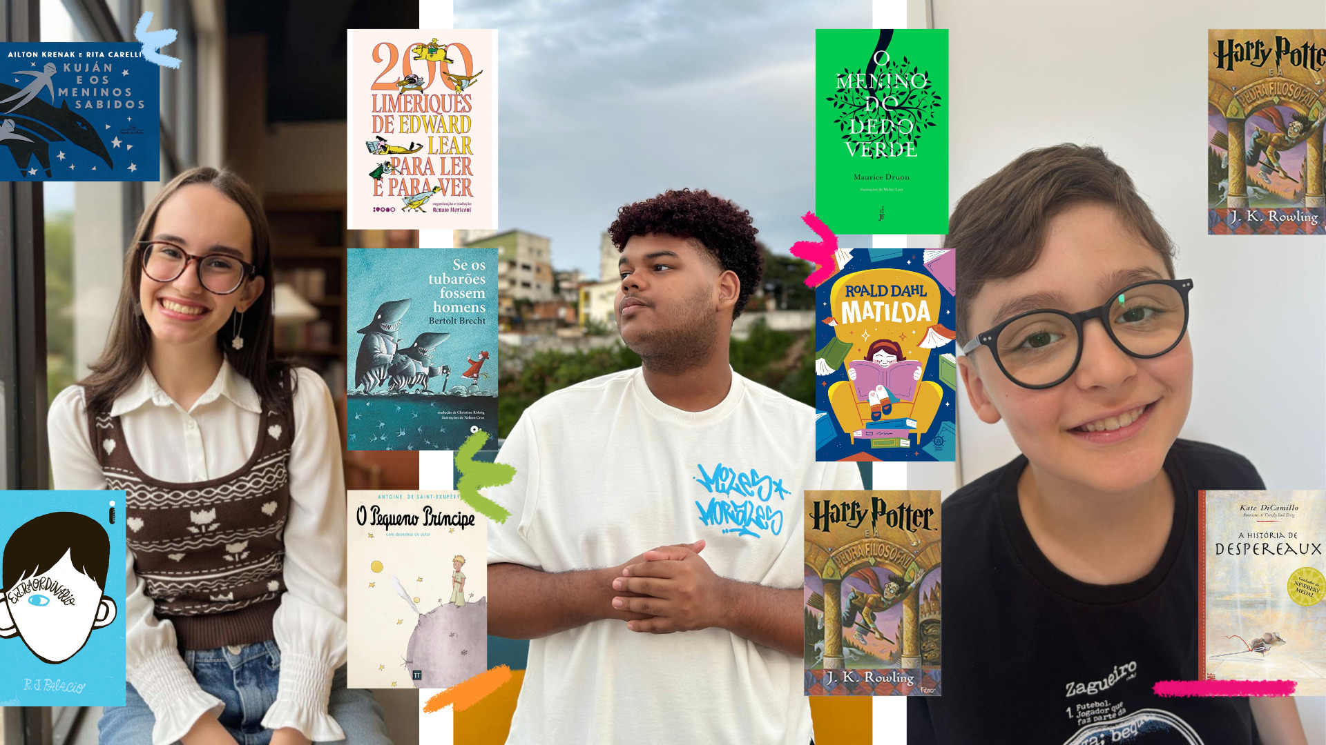 Imagem mostra uma montagem de fotos de três adolescentes e capas de seus livros preferidos.